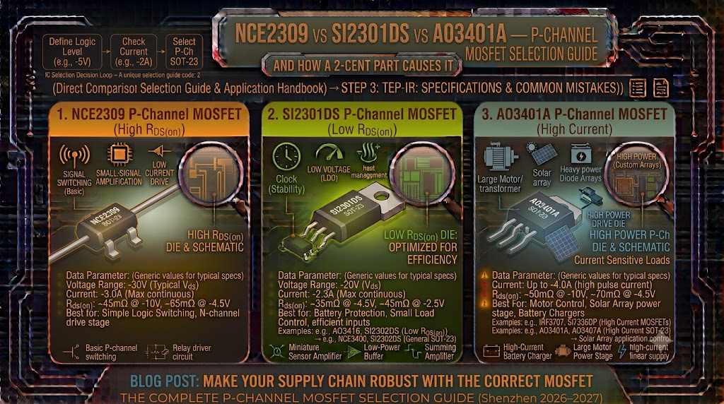 NCE2309 vs SI2301DS vs AO3401A — P-Channel SOT-23 MOSFET Selection Guide NCE2309 vs SI2301DS vs AO3401A — P-Channel SOT-23 MOSFET Selection Guide