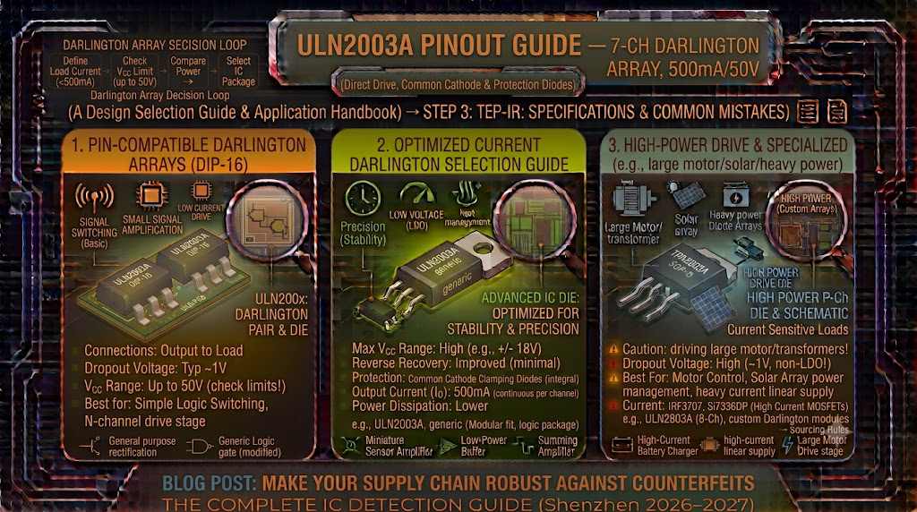 ULN2003A Pinout Guide — 7-Ch Darlington Array, 500mA/50V ULN2003A Pinout Guide — 7-Ch Darlington Array, 500mA/50V