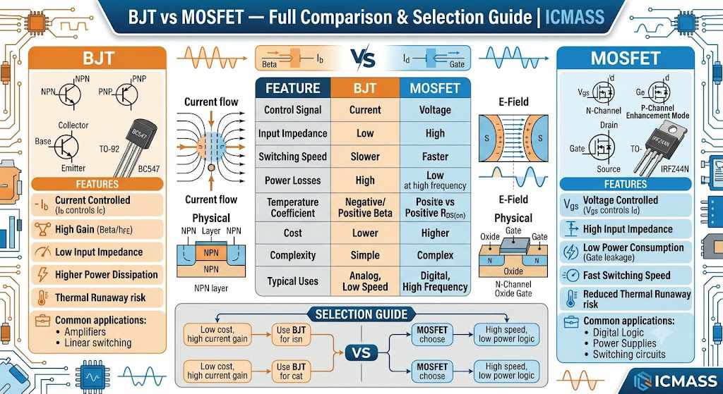 BJT vs MOSFET — Full Comparison & Selection Guide | ICMASS BJT vs MOSFET — Full Comparison & Selection Guide | ICMASS