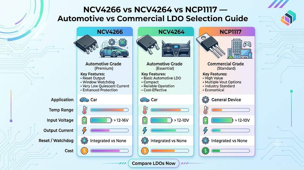 NCV4266 vs NCV4264 vs NCP1117 — Automotive vs Commercial LDO Selection Guide NCV4266 vs NCV4264 vs NCP1117 — Automotive vs Commercial LDO Selection Guide