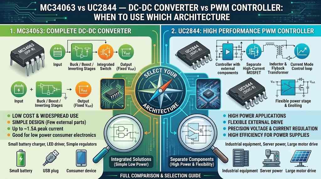MC34063 vs UC2844 — DC-DC Converter vs PWM Controller: When to Use Which Architecture MC34063 vs UC2844 — DC-DC Converter vs PWM Controller: When to Use Which Architecture