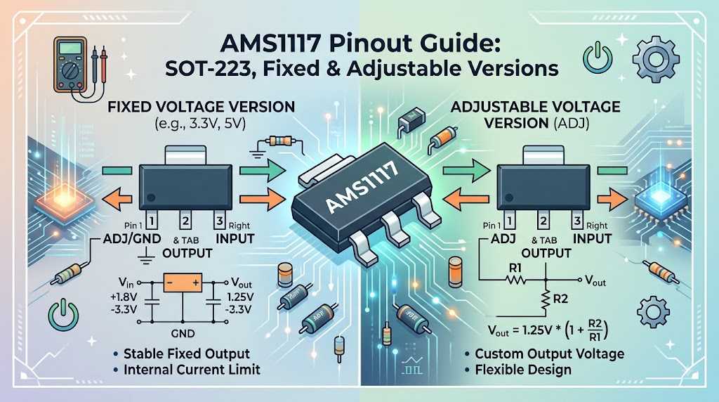AMS1117 Pinout Guide — SOT-223, Fixed & Adjustable AMS1117 Pinout Guide — SOT-223, Fixed & Adjustable