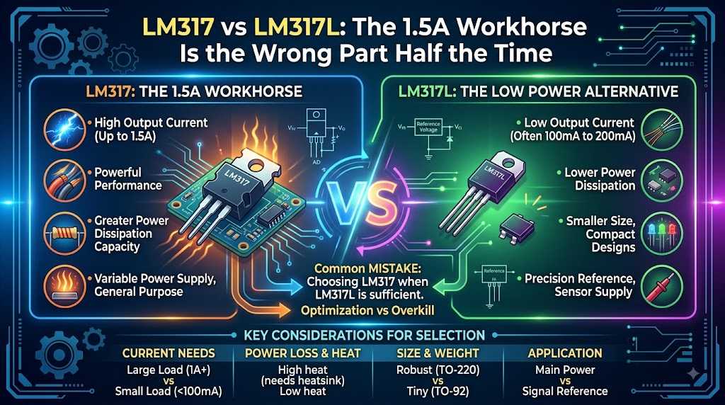 LM317 vs LM317L: The 1.5A Workhorse Is the Wrong Part Half the Time LM317 vs LM317L: The 1.5A Workhorse Is the Wrong Part Half the Time